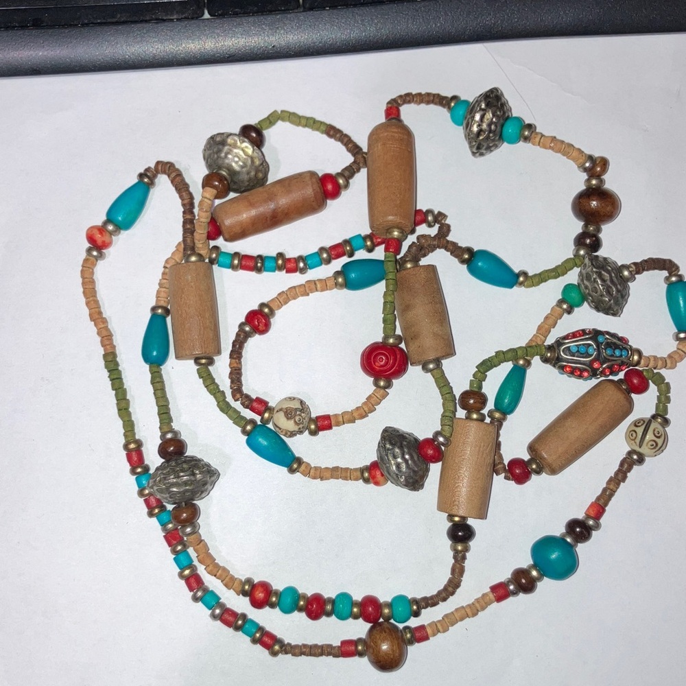 Long Bohemian Beaded Necklace with Turquoise and Wood